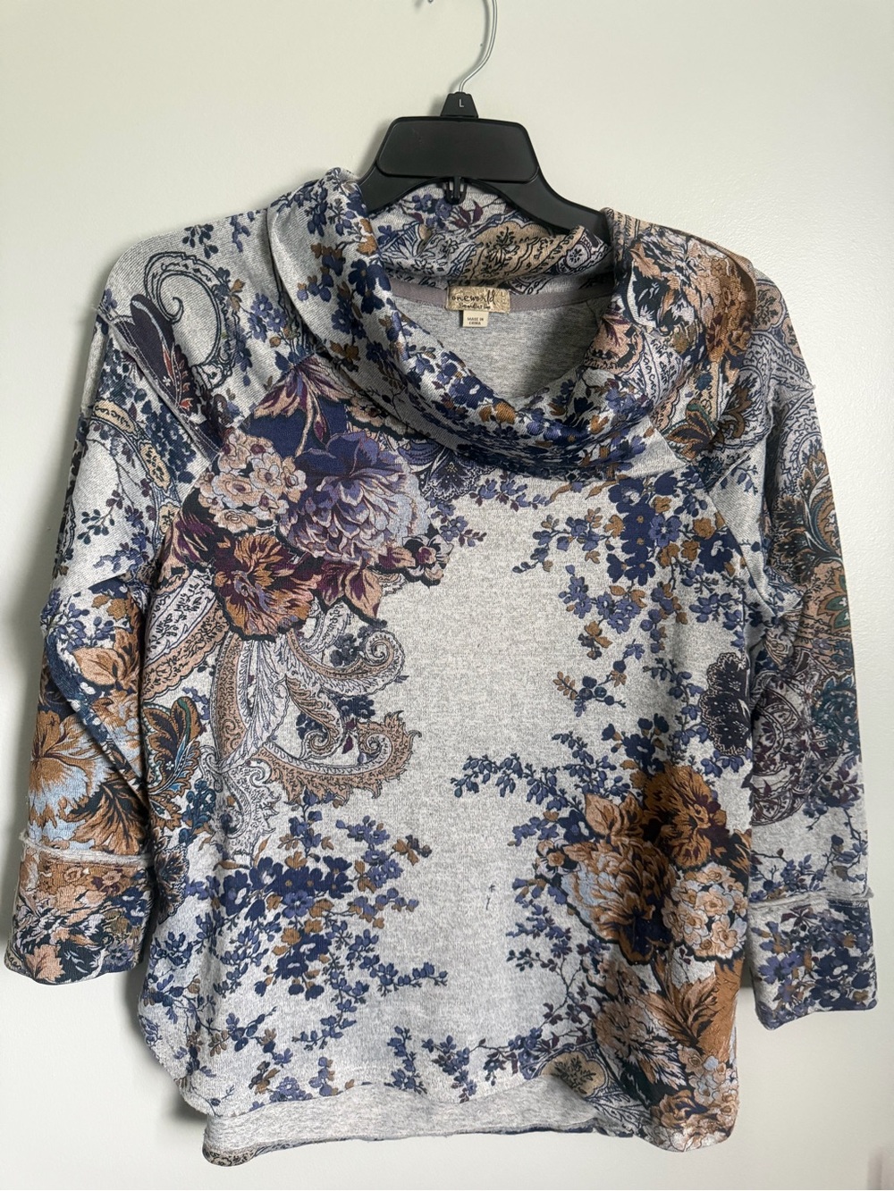 One World Grey Floral Paisley Cowl Neck Women's Tunic Sweater Size Large
